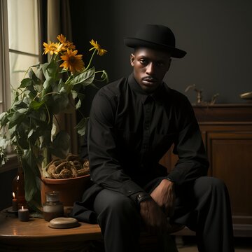 Elegant Man in Black Outfit and Hat Beside Sunflowers Indoors