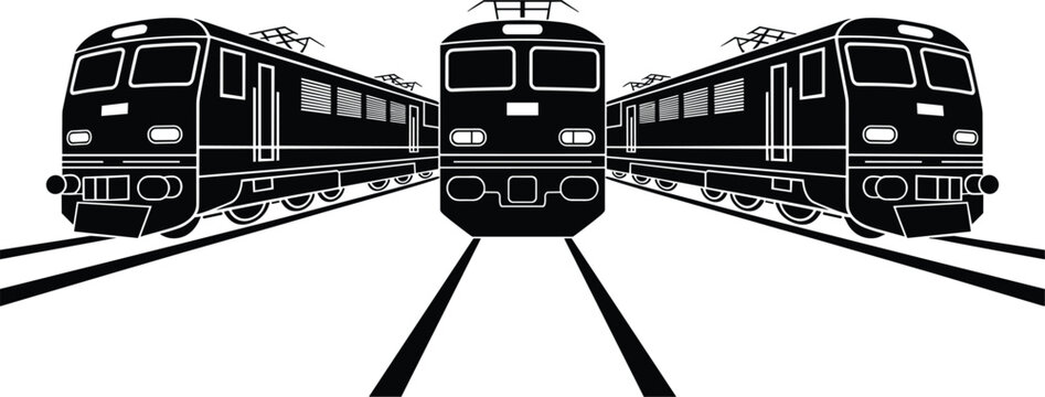 Electric trains on railroad tracks silhouette collection, locomotive transit perspective vector illustration isolated on white