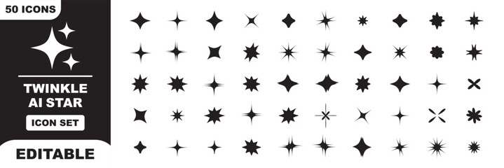 Star black silhouettes icons set with sparkle shine twinkle shooting star ranking badge sun night sky decoration elements and award symbols graphic vector illustration. Sparkle star vector icon set © Hike Studio 2