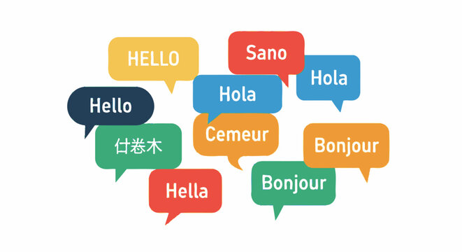 Colorful Speech Bubbles with Hello in Different Languages for Global Communication and Translation Concept