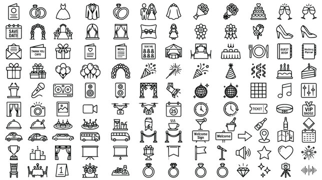 Wedding and event planning line icons, set of 100 minimalist marriage celebration symbols, black outline party and ceremony vector elements