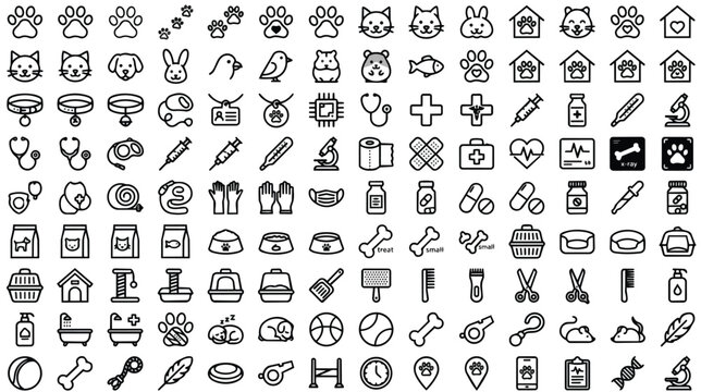 Minimalist pet care line icons, 112 veterinary and animal clinic vector symbols, black outline pet shop and grooming equipment set