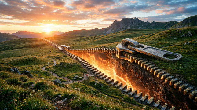 Colossal Zipper Unzips Mountain Landscape Revealing Fiery Chasm at Sunset