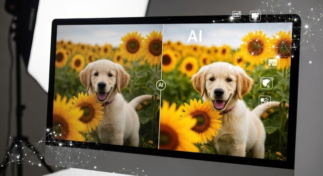 Golden Retriever Puppy in Sunflower Field, split screen showing AI image enhancement comparison