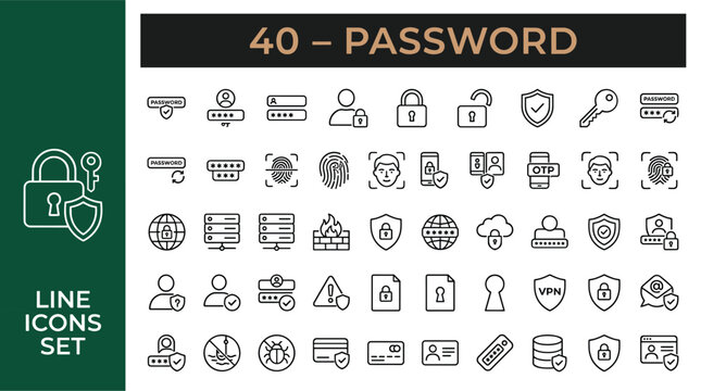 Cybersecurity line icons set, 40 password and data protection vector symbols, digital privacy and network security outline icons for web design