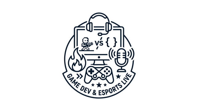 Game Dev vs Esports Live Logo: Gaming Controller, Microphone, Code Brackets, Fire & Headphones