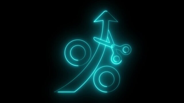 Glowing neon Scissors cutting percentage sign for price reduction icon isolated on black background. Price, cost reduction or price reduction concept. 4K Video animation.