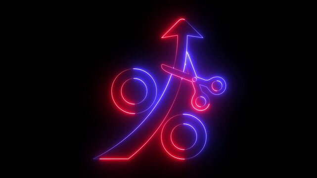 Glowing neon Scissors cutting percentage sign for price reduction icon isolated on black background. Price, cost reduction or price reduction concept. 4K Video animation.
