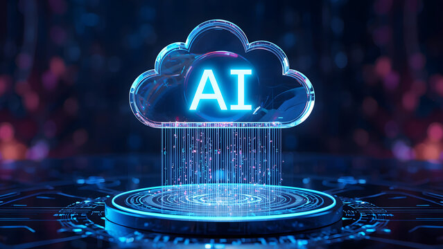 Artificial intelligence cloud computing icon on digital podium, glowing blue AI network technology, futuristic data storage and machine learning concept