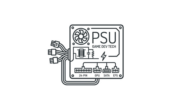 Computer Power Supply Unit (PSU) schematic icon, PC hardware, tech concept.