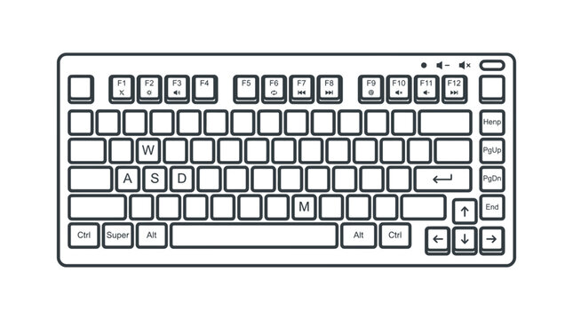 Modern minimalist keyboard outline illustration, white background, top view