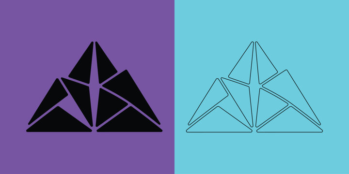 Geometric triangle mountain symbol in solid black and outline style on purple and light blue backgrounds