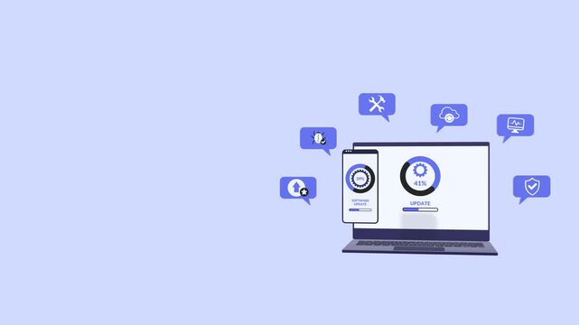 System software update and upgrade concept animation with copy space showing system improvement, digital loading process, and technology enhancement suitable for business, technology projects.