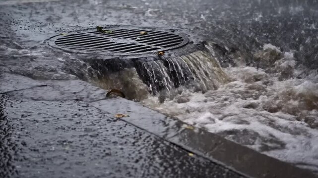 Heavy rain flooding a street drain during a storm on a city road