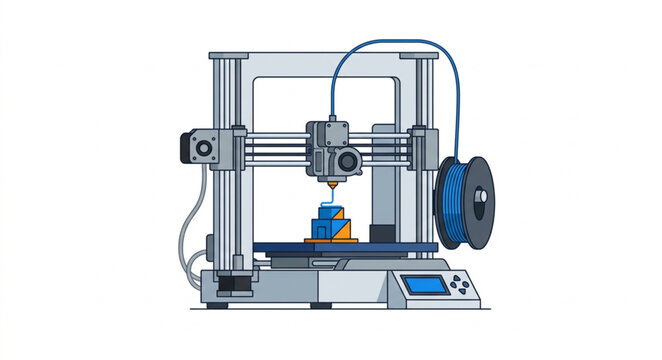 Desktop 3d printer machine vector illustration with filament spool, extruder nozzle, LCD screen, and printing object isolated on white background