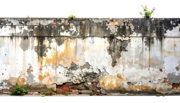 Weathered concrete wall displays peeling paint and exposed brick, with patches of plant life and a white sky
