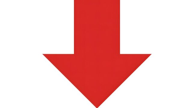 Bold bright red downward pointing arrow sign on solid white background.