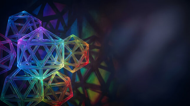 Abstract geometric icosahedron wireframe rainbow neon Abstract geometric icosahedron wireframe rainbow neon 3D shapes clustered dark background, futuristic digital art with colorful gradient glow