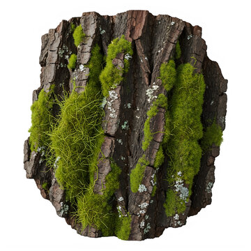 Rugged tree bark section with lush green moss on transparent background with detailed section dark