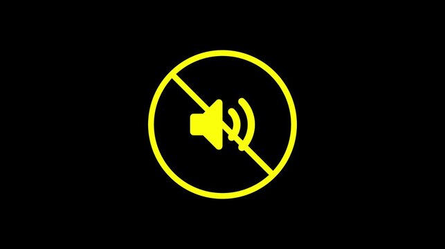 mute speaker icon with red prohibition sign animation on black background, no sound symbol, audio disabled warning, transparent overlay