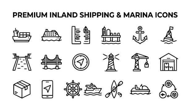 Inland shipping and marina outline icon collection vector illustration