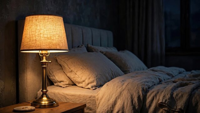 Cozy bedroom interior with a warm glowing bedside lamp during the night.