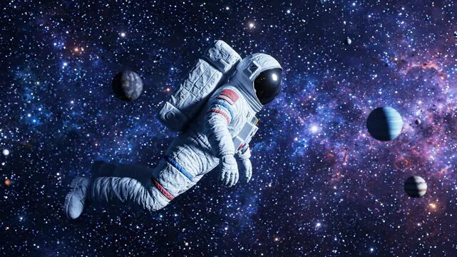 Astronaut floating in deep space with planets and stars.