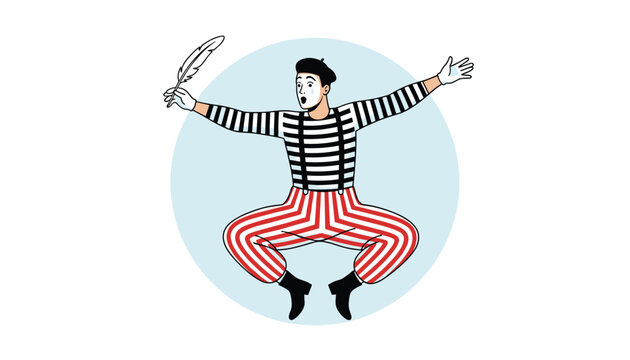 Expressive mime artist wearing striped clothes jumping playfully while holding a feather pen against a blue circle.