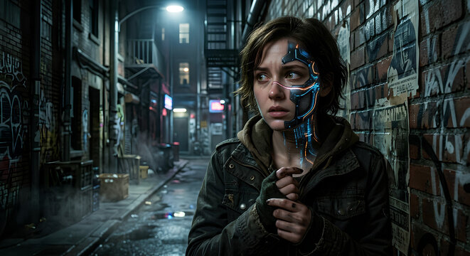 Young frightened woman in a dark urban alley, half realistic human face and half futuristic AI face with glowing circuits, dramatic shadows, cinematic psychological thriller, human-AI concept.