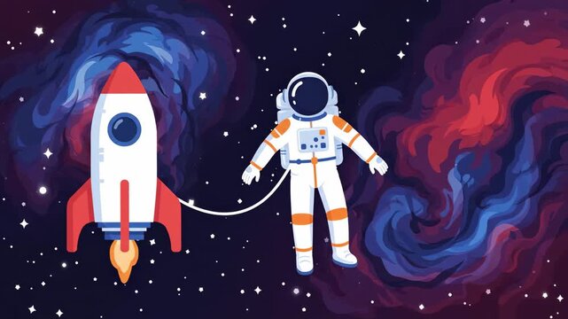 Astronaut floating in space next to a rocket with colorful nebula background.