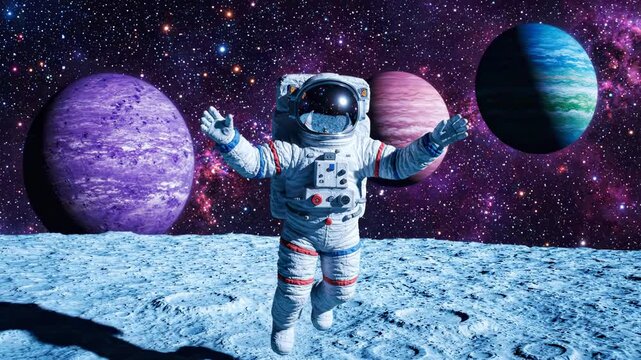 Astronaut floating in space with planets and stars in the background.