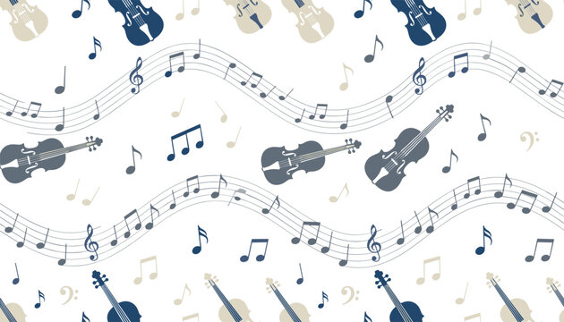 Seamless background pattern featuring classic violins, flowing musical notes, and clefs in navy blue and beige.