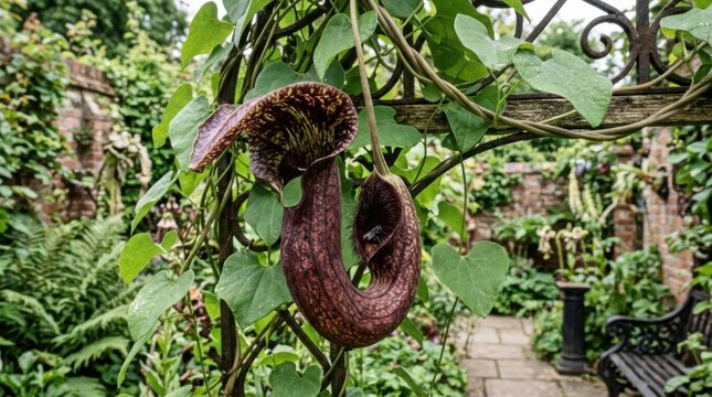 Exquisite dutchman pipe aristolochia macrophylla curved flower vine climbing on greenhouse garden trellis frames