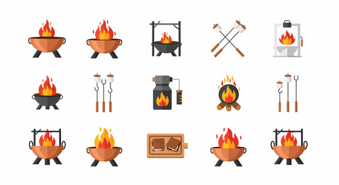 Flat vector icon set of camping bonfires, fire pits and roasting snacks