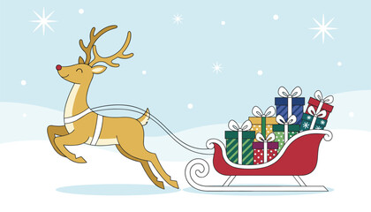 Fototapeta premium Cute Rudolph the red-nosed reindeer pulling a festive red sleigh piled high with colorful wrapped Christmas gifts.