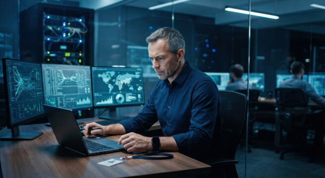 Cybersecurity executive reviewing risk in a glass-walled operations room with monitors, laptop, access badge, and secure server rack