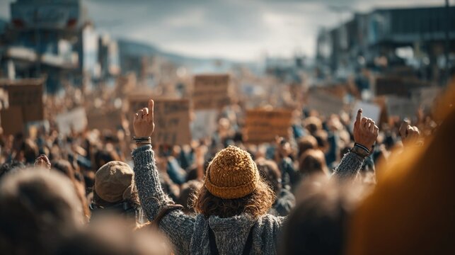 Crowd of protesters holding placards demanding climate action, environmental justice, and sustainability, showcasing public advocacy, social responsibility, and global climate awareness,