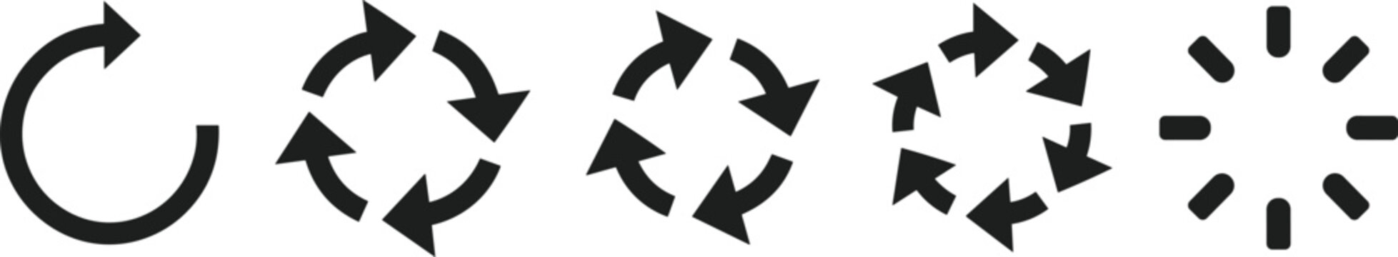 Black rotation arrow icons, reload cycle symbols, loading progress indicators, refresh update silhouettes, circular repeat motion, reset interface,