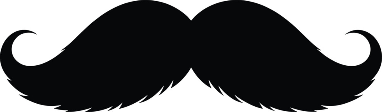 Black vintage mustache silhouette, retro gentleman facial hair icon, curly handlebar style, classic barber shop symbol, masuline grooming element,