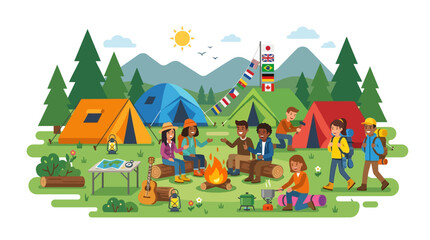 Fototapeta premium Group of diverse friends camping together in the forest with tents and a campfire.