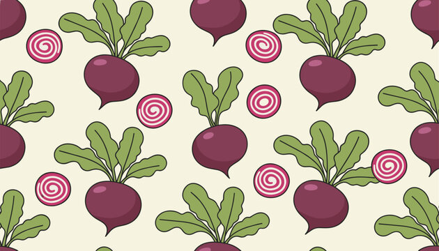 Seamless vegetable pattern featuring whole purple beetroots with green leaves and sliced beet swirls on cream background.