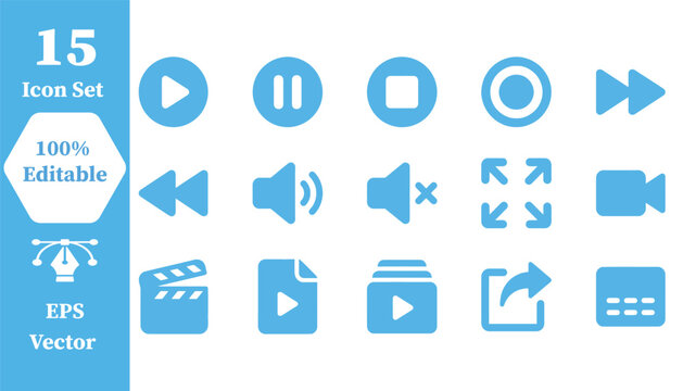 Player and media control icon set with playback fullscreen interface software