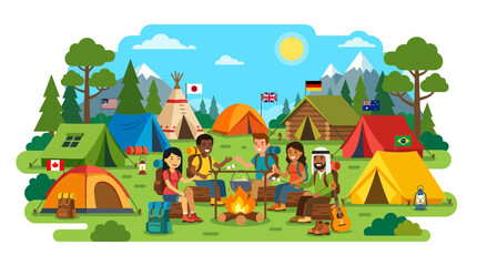 Naklejka premium Diverse group of friends camping together in a scenic mountain forest landscape with tents and campfire.