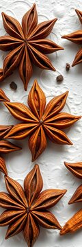 Aromatic star anise spice closeup on white background with intricate texture, natural ingredients, herbal remedies