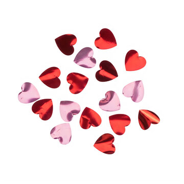 Red and pink metallic heart confetti pieces on transparent background with collection scattered red