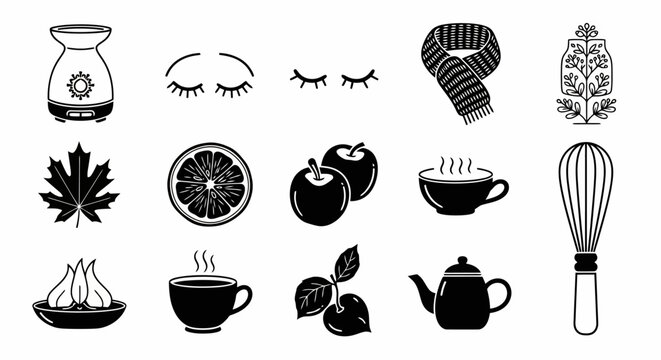 Set of cozy autumn icons featuring seasonal lifestyle symbols and food