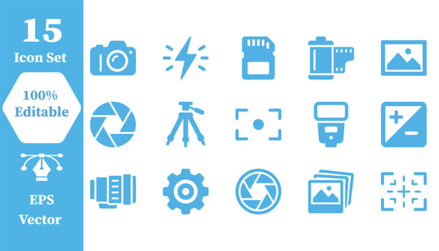Set of 15 editable professional photography and camera icons with photography