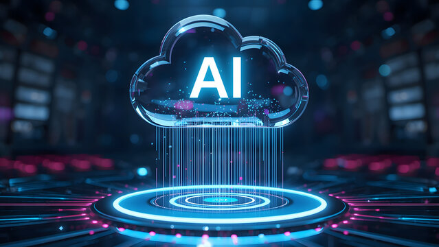 Artificial Intelligence cloud computing concept, glowing AI glass cloud icon on futuristic digital circuit background, blue neon data storage technology