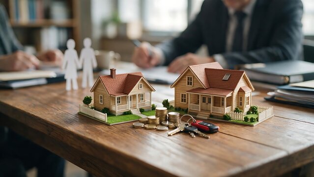 A meeting between a lawyer and the couple regarding the division of assets is held using two miniature house models, paper figurines of the couple, keys, and coins arranged on a wooden table.
