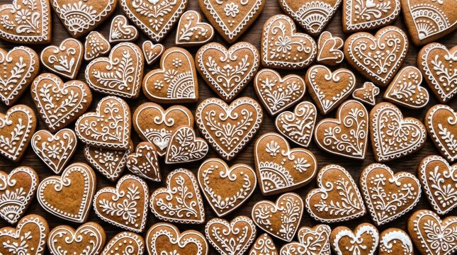Heart Shaped Gingerbread Cookies with Icing Decoration.
